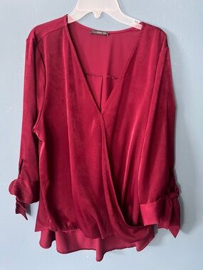 West Kei Deep Wine Surplice Blouse with Tie Cuffs
